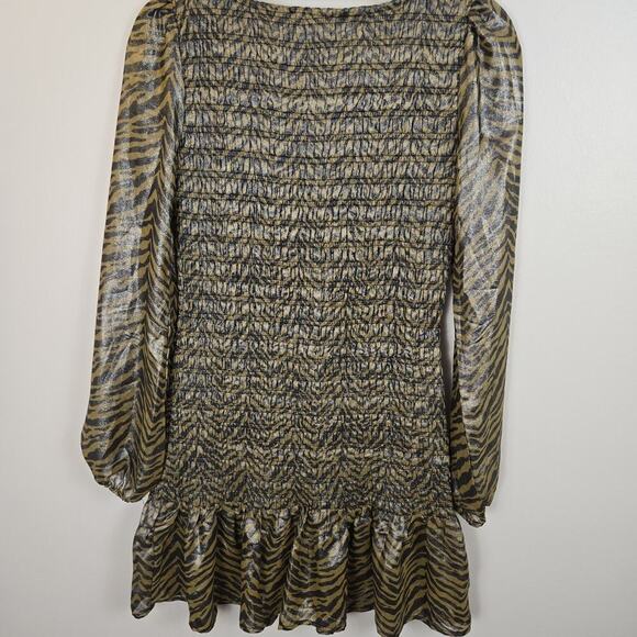 Forever 21 Smocked Tiger Print Metallic Party Mini Dress M Ruffle Hem Steampunk - Picture 5 of 7
